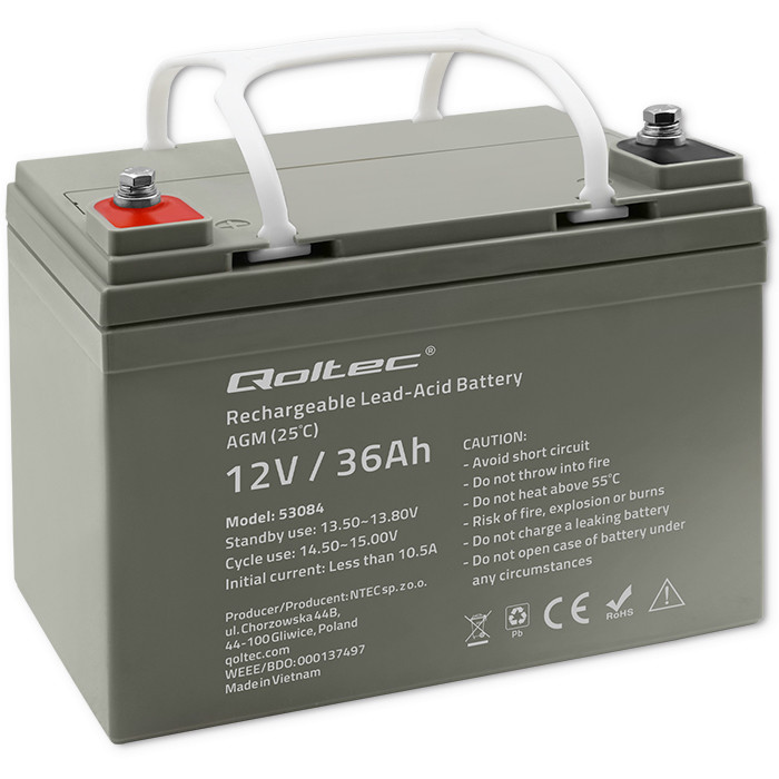 Qoltec  AGM battery | 12V | 36Ah | Maintenance-free | Efficient| LongLife | for UPS, scooter