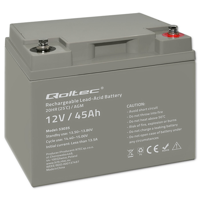 Qoltec AGM battery | 12V | 45Ah | Maintenance-free | Strong | LongLife | for UPS, RV, boat, heater