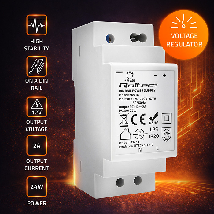 Qoltec DIN rail power supply | 24W | 12V | 2A | White (50918