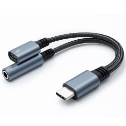 Qoltec Adapter 2in1 USB-C | USB-C | Jack 3.5mm | PD 15W | 10cm | aluminum