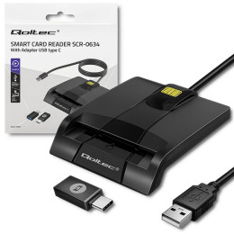 Qoltec Intelligent Smart ID chip card reader SCR-0634 | USB 2.0 + USB-C Adapter 