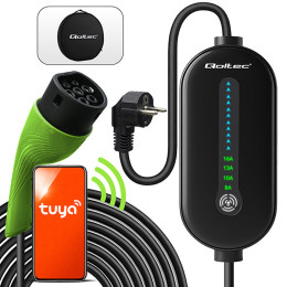 Qoltec Mobile EV Electric Car Charger with 2in1 Type 2 Adjustment | 3.5kW | 230V |  SCHUKO 16A | Wi-fi | TUYA | LCD | LED | 5m 