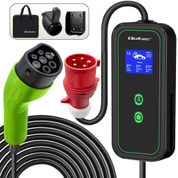 Qoltec Mobile EV charger with adjustable 2in1 Type2 | 11kW | CEE 32A | LCD | 3 phase | Portable | Wallbox | 5m
