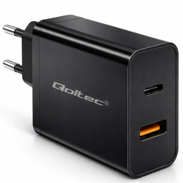 Qoltec Super Quick PD Charger | 1xUSB-C | 1xUSB | 65W | 5-20V | 1.5-3.25A | Laptop | Smartfon | Black