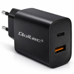 Qoltec GaN POWER PRO charger | 1xUSB-C | 1xUSB | 30W | 5-20V | 1.5-3A | Black