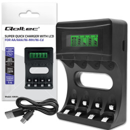 Qoltec Battery Charger for Ni-MH type R03 AAA R6 AA | LCD | USB cable 