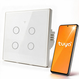 Qoltec Smart Touch 4-Gang Light Switch | Wi-Fi | Timer | Tuya | Smart Life | Tempered Glass | White