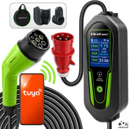 Qoltec Charger for EV Electric car and hybrids 2-in-1 Type 2 adjustable | 7kW | 230V | CEE 32A | Wi-Fi | Tuya | Smart Life | LCD | 5m 