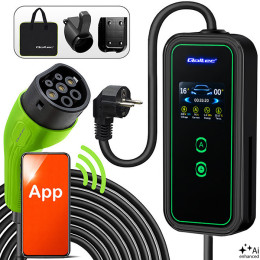 Qoltec Mobile EV charger with adjustable 2in1 Type2 | 3.5kW | 230V | SCHUKO 16A | Wi-fi | LCD | Portable | Wallbox | 5m