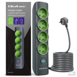 Qoltec Power strip with backlit switch | 4-in-1 extension lead | 4 earthed sockets | 1.8m 