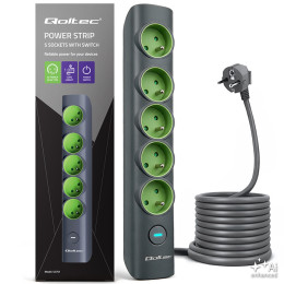 Qoltec Power strip with backlit switch | 5-in-1 extension lead | 5 earthed sockets | 1.8m 