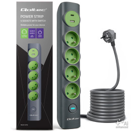 Qoltec Power strip with backlit switch | 6-in-1 extension lead | 4 earthed sockets | 1xUSB-C 15W | 1xUSB 12W  | 1.8m 