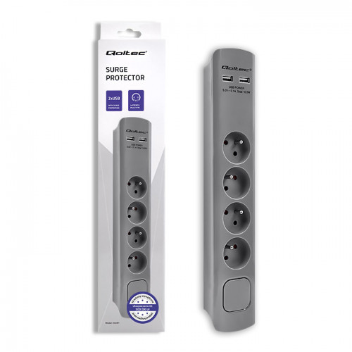 Qoltec Surge protector | 4 sockets | 2 x USB | 1.8m | Grey