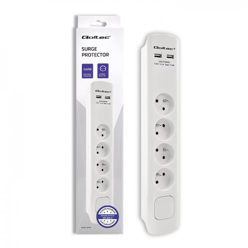 Qoltec Surge protector | 4 sockets | 2 x USB | 1.8m | White