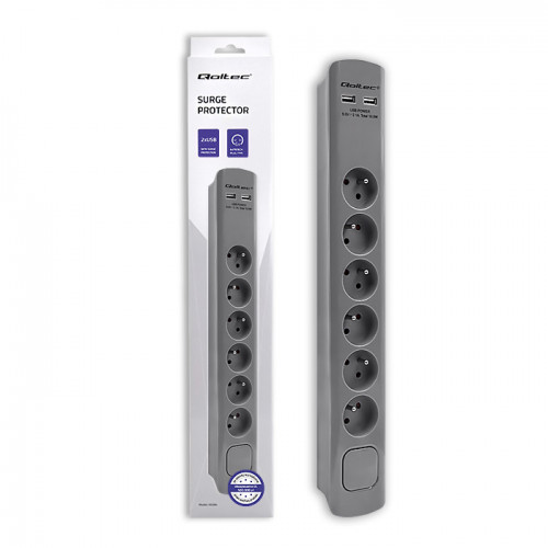 Qoltec Surge protector | 6 sockets | 2 x USB | 1.8m | Grey