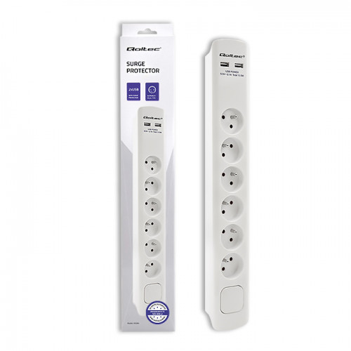 Qoltec Surge protector | 6 sockets | 2 x USB | 1.8m | White