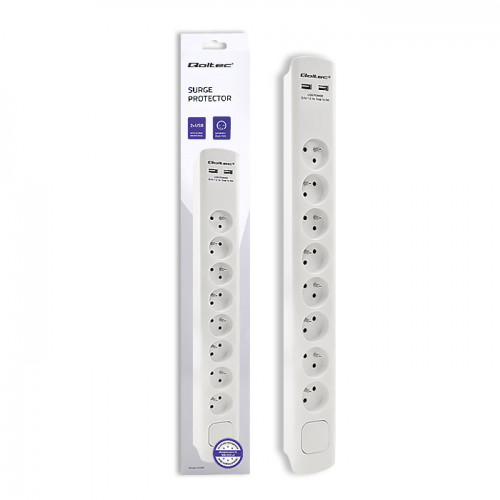 Qoltec Surge protector | 8 sockets | 2 x USB | 1.8m | White