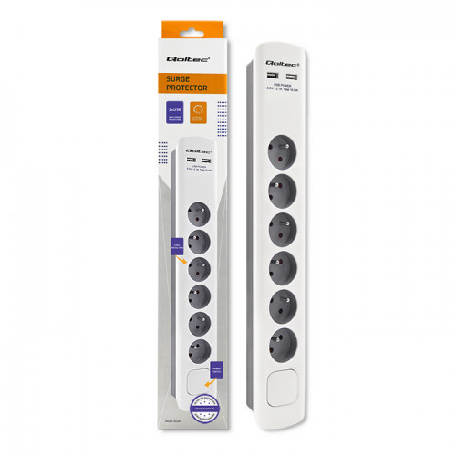 Qoltec Surge protector | 6 sockets | 2x USB | 1.8m | White-grey