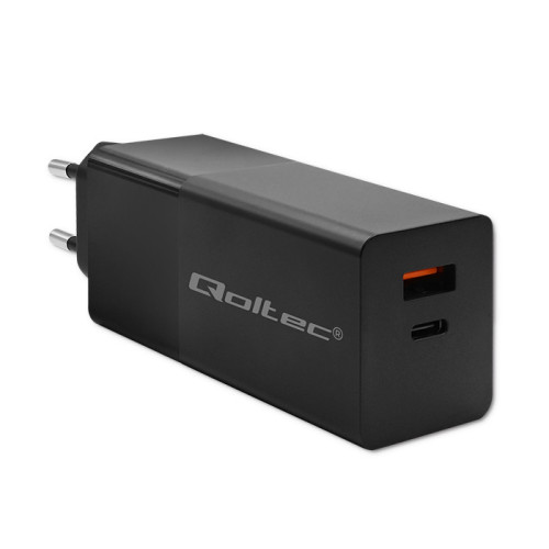 Qoltec GaN POWER PRO charger | 1xUSB type C | 1xUSB A | 100W | 5-20V | 1.5-5A | PD | Laptop | Smartfon | Black