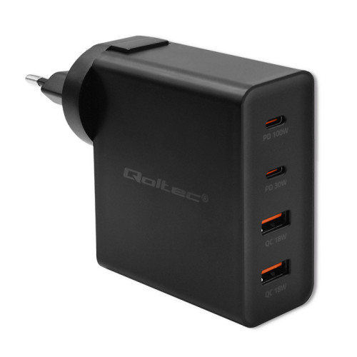 Qoltec GaN POWER PRO charger | 2xUSB-C | 2xUSB  | 130W | 5-20V | 1.5-5A | PD | Laptop | Smartfon | Black