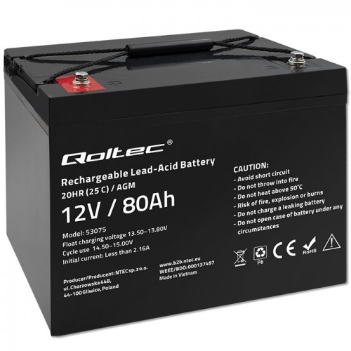 Qoltec AGM battery | 12V | 80Ah | 23.5kg | Maintenance-free
