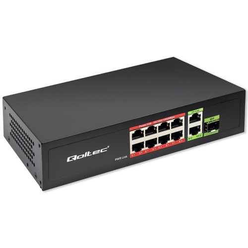 Qoltec FAST Ethernet PoE SWITCH 8x RJ45 PoE 2x RJ45 Uplink 1x SFP | 120W | 1000 Mb