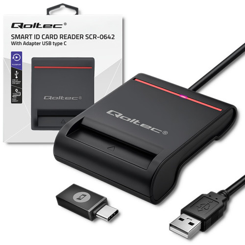 Qoltec Smart ID chip card reader SCR-0642|USB 2.0 + USB-C Adapter