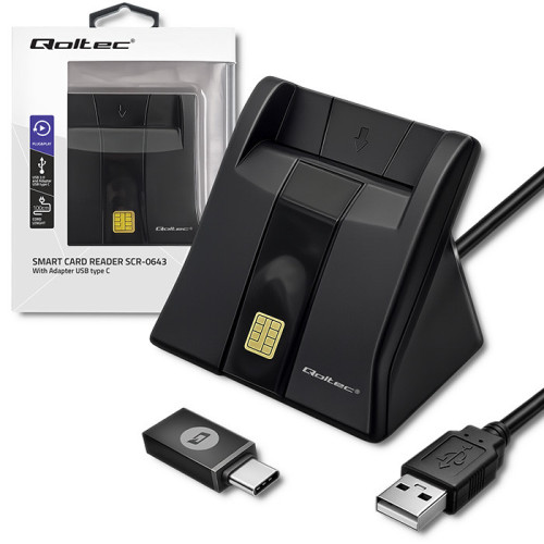 Qoltec Smart ID chip card reader SCR-0643|USB 2.0 + USB-C Adapter