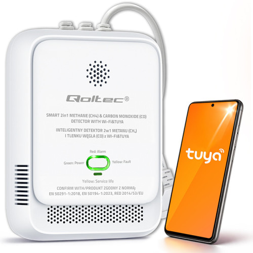 Qoltec Certified 2in1 natural gas and carbon monoxide (CO) leak detector | CH4 | CO | NG | Tuya | Wi-Fi | 85dB alarm | LED