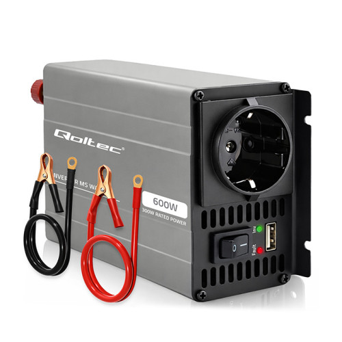 Qoltec MS Wave Voltage Converter | 12V to 230V | 300/600W | USB | Compatible with LiFePO4, GEL and AGM batteries