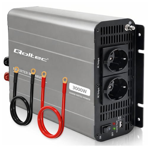 Qoltec MS Wave Voltage Converter | 12V to 230V | 1500/3000W | USB | Compatible with LiFePO4, GEL and AGM batteries