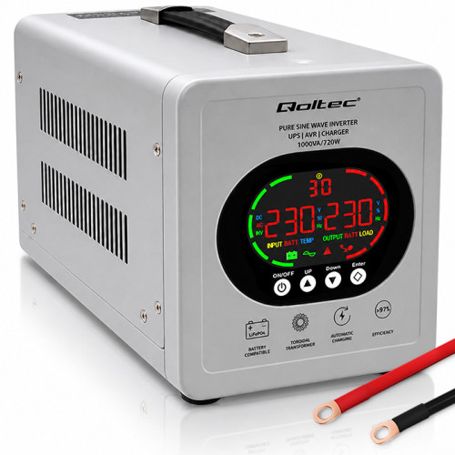  Qoltec Pure Sine Wave UPS | 1000VA/720W | 12/230V inverter with AVR | LCD | LiFePO4 AGM GEL 