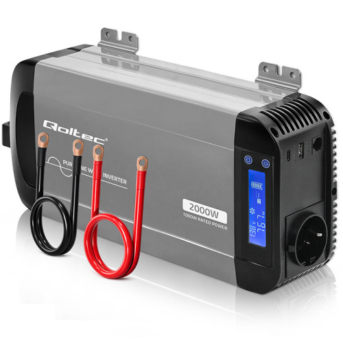 Qoltec Pure Sine Wave Inverter | 12V to 230V | 1000/2000W | LCD | USB | USC-C | Compatible with LiFePO4 GEL AGM 