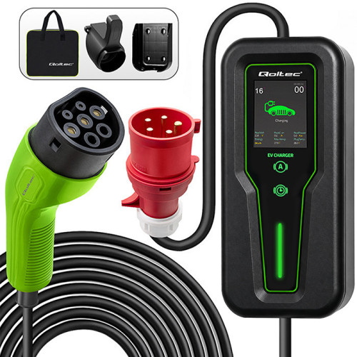 Qoltec Mobile EV charger with adjustable 2in1 Type2 | 11kW | 400V | CEE 32A | LCD | 3 phase | Portable | Wallbox | 5m