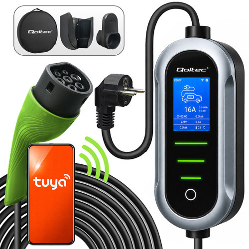 Qoltec Mobile EV Electric Car Charger with 2in1 Type 2 Adjustment | 3.5kW | 230V | SCHUKO 16A | Wi-fi | TUYA | SMART LIFE | LCD | LED | Portable | 5m 