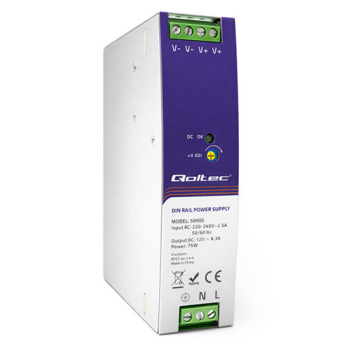 Qoltec Industrial DIN rail power supply | 75W | 12V | 6.3A