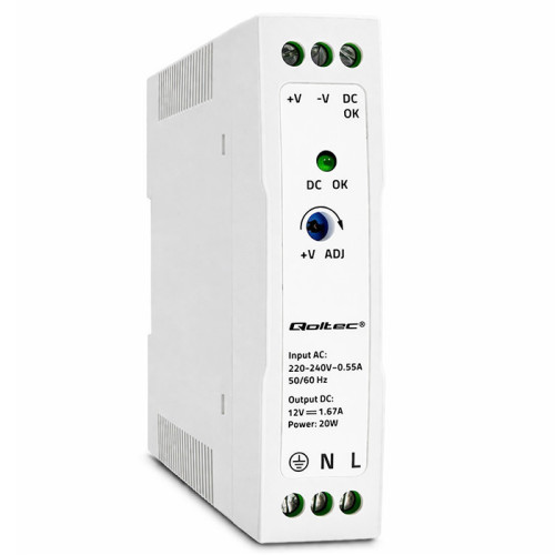 Qoltec DIN rail power supply | 20W | 12V | 1.67A | White | Slim