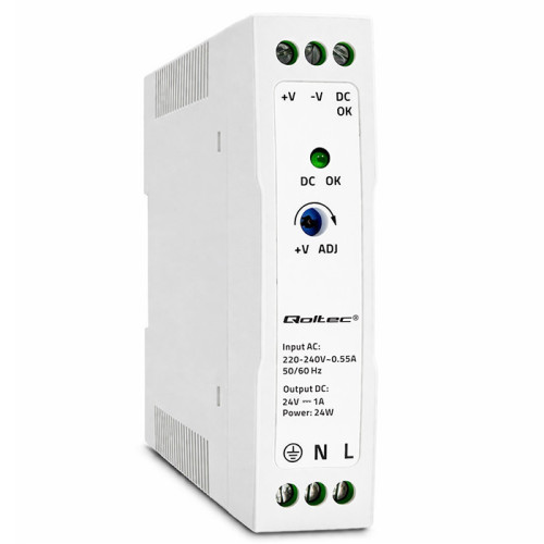 Qoltec DIN rail power supply | 24W | 24V | 1A | White | Slim