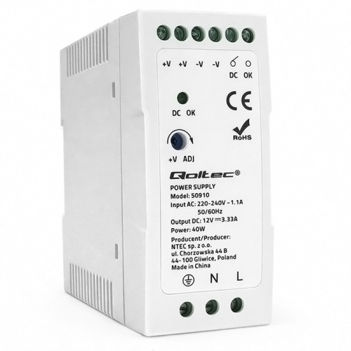 Qoltec DIN rail power supply | 40W | 12V | 3.33A | White | Slim