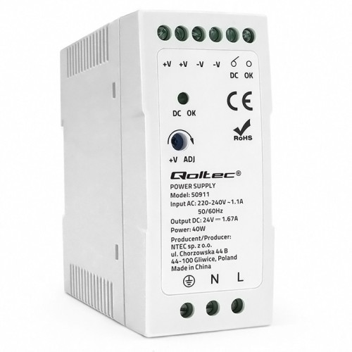 Qoltec DIN rail power supply | 40W | 24V | 1.67A | White | Slim