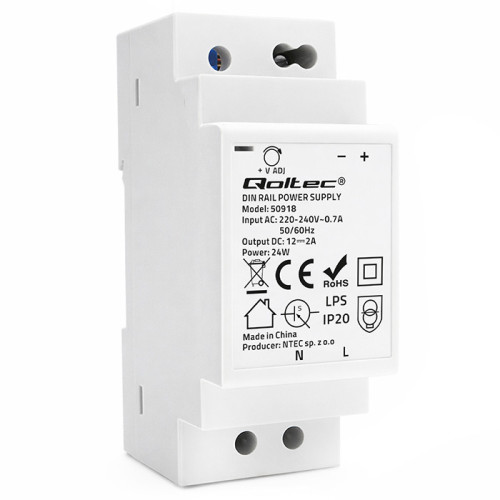 Qoltec DIN rail power supply | 24W | 12V | 2A | White