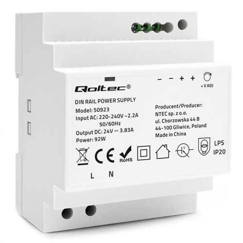 Qoltec DIN rail power supply | 92W | 24V | 3.83A | Gray