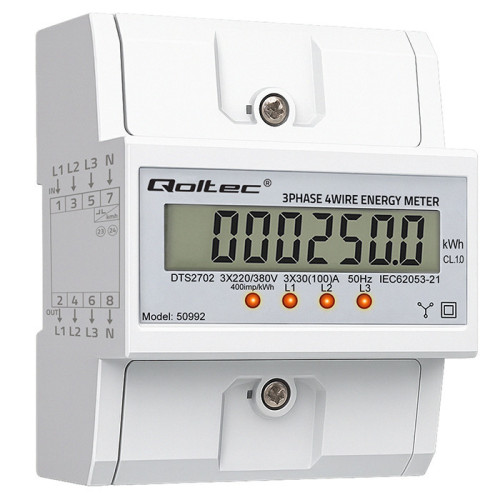 Qoltec Three-phase electronic meter | DIN rail energy consumption meter | 400V | 100A | LCD | 4P