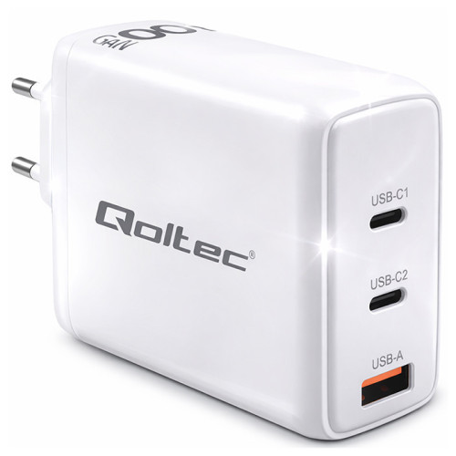 Qoltec GaN 100W charger| 5-20V | 1.5-5A | 2 x USB-C PD | 1x USB QC 3.0 | White