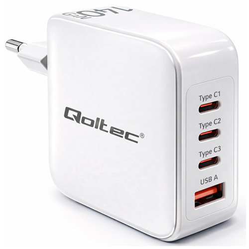 Qoltec GaN 140W charger| 5-20V | 2.5-5A | 3 x USB-C PD | 1x USB QC 3.0 | Laptop | Smartfon | White