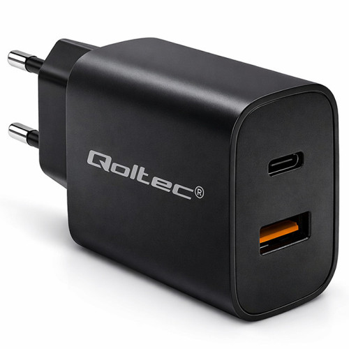 Qoltec GaN POWER PRO charger | 1xUSB-C | 1xUSB | 30W | 5-20V | 1.5-3A | Black
