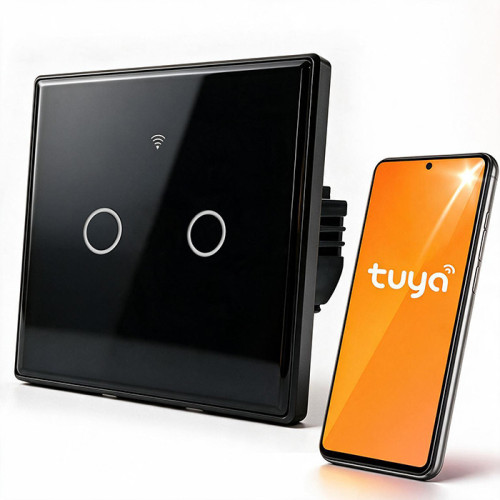 Qoltec Smart 2-channel light switch | Wi-Fi | Timer| Tuya | Smart life | Tempered glass | Black