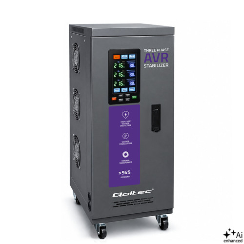 Qoltec Three-phase AVR MULTIPROTECTION voltage stabiliser | 10kVA | Accuracy &plusmn; 3% | 3-phase servo motor | LCD | Expert Line