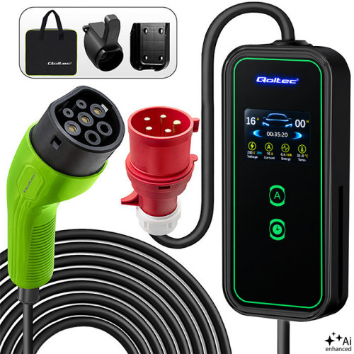 Qoltec Mobile EV charger with adjustable 2in1 Type2 | 11kW | CEE 32A | LCD | 3 phase | Portable | Wallbox | 5m