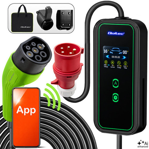 Qoltec Mobile EV charger with adjustable 2in1 Type2 | 11kW | CEE 32A | Wi-fi | LCD | 3 phase | Portable | Wallbox | 5m